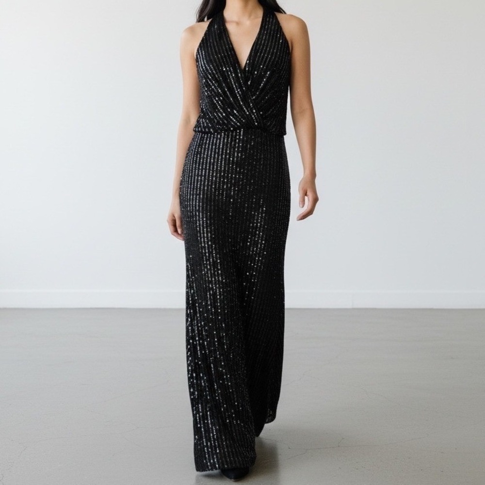 Calvin Klein Sparkle Sleeveless Maxi Dress Gown Sequin Black‎ Silver Formal sz 4